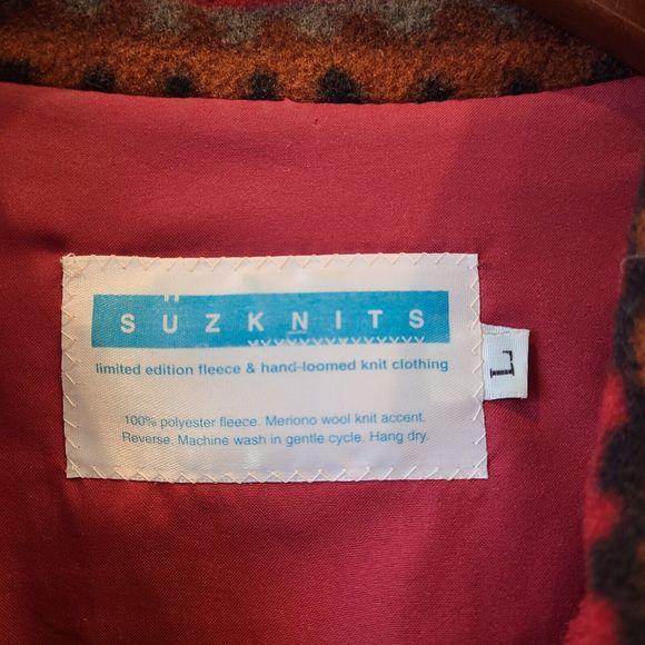 Rare SuzKnits Womens Aztec Fleece Jacket Large Red Merino Wool Southwestern - Picture 4 of 8